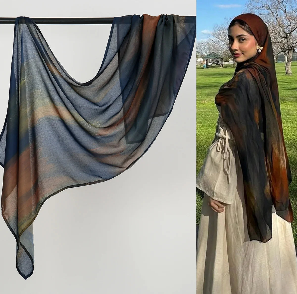 Eine Frau trägt einen weichfließenden Hijab-Schal aus Rayon-Modal mit Aquarell-Ombré in Blau-, Braun- und Orangetönen.