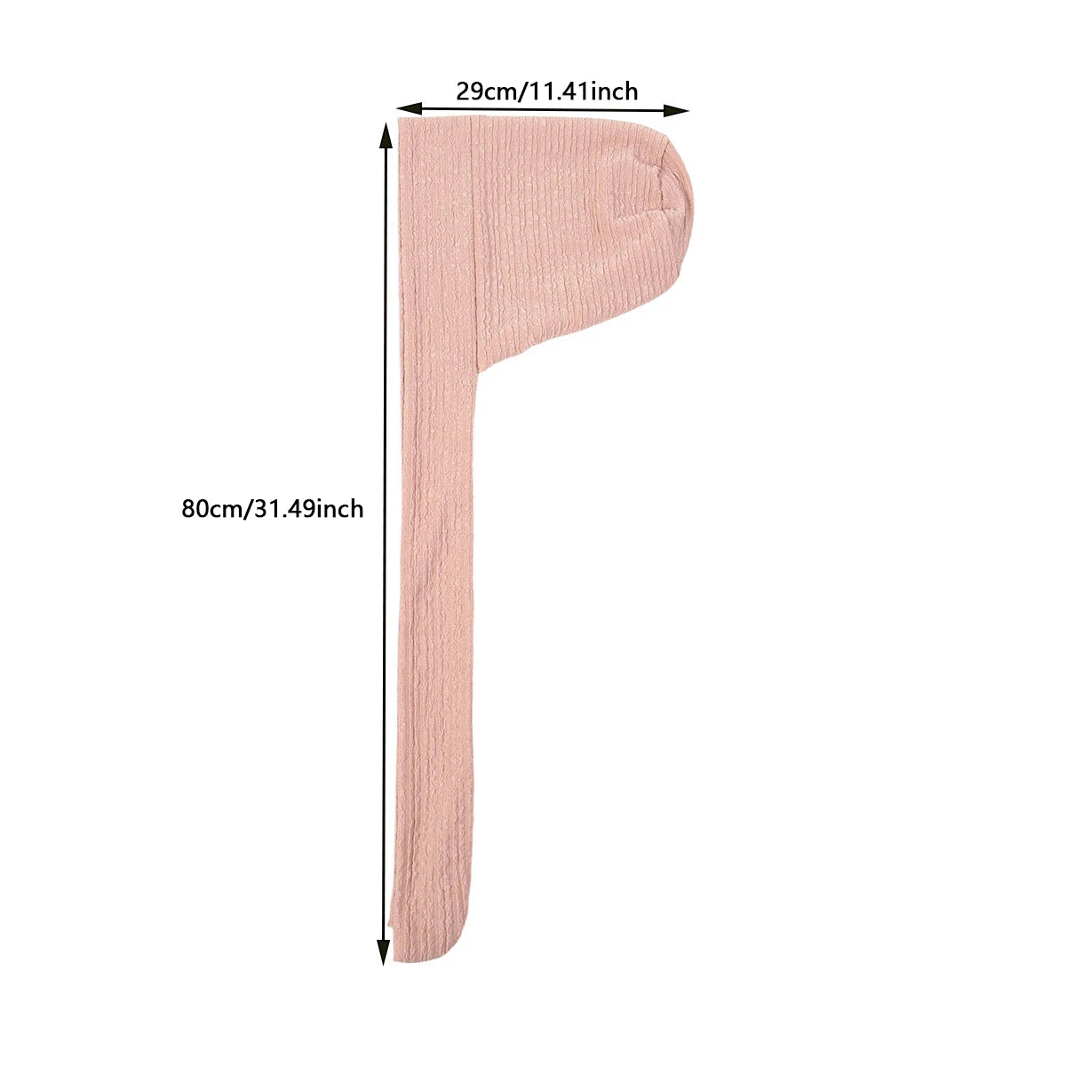 A pink solid color turban hijab cap shown from the side with dimensions 29cm by 80cm.