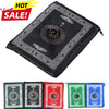 Black portable braided prayer rug with a compass design and various colored versions.