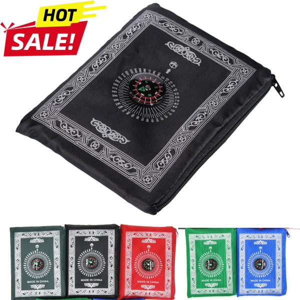 Black portable braided prayer rug with a compass design and various colored versions.