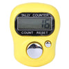 A yellow mini digital tally counter device with a display showing 16 and count reset buttons.