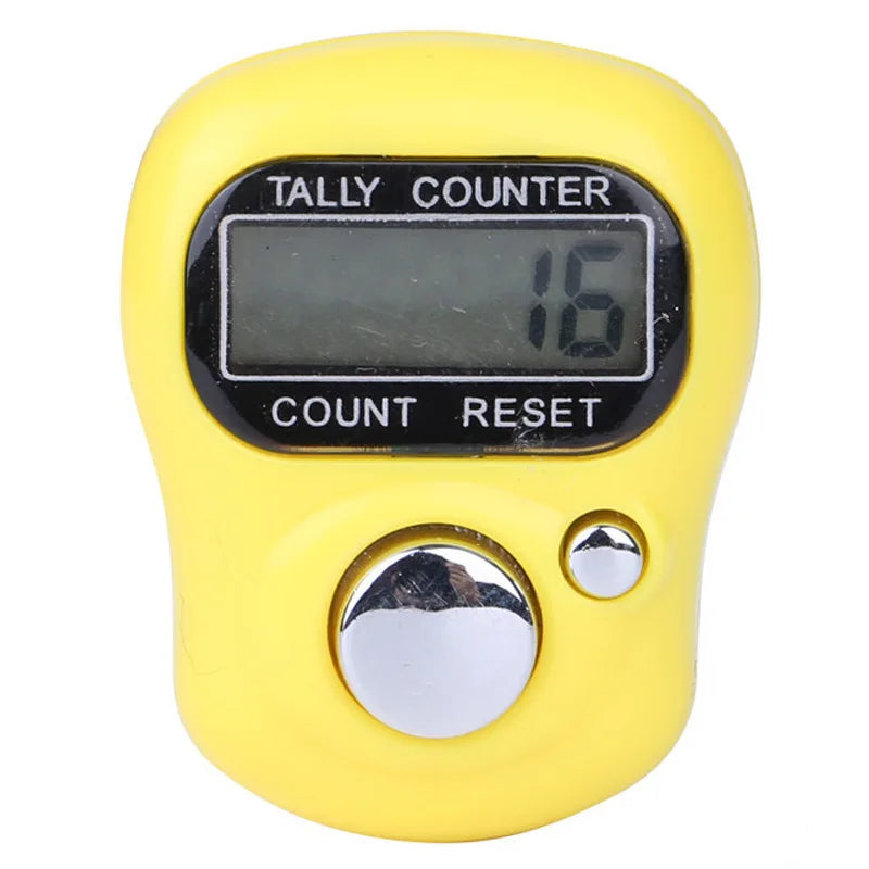 A yellow mini digital tally counter device with a display showing 16 and count reset buttons.