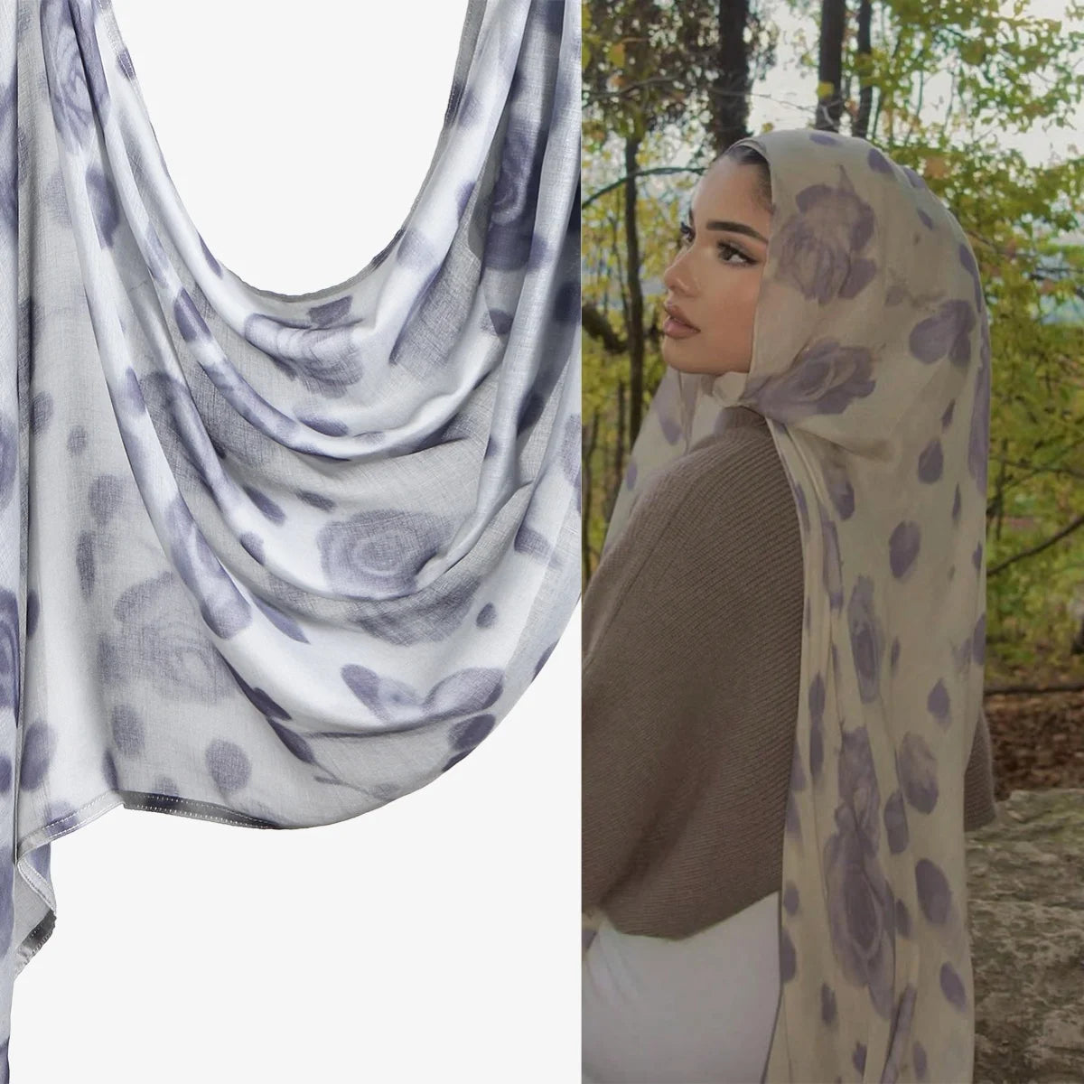 Eine Frau trägt einen beigefarbenen Aquarelldruck-Baumwoll-Modal-Hijabschal über Kopf und Schultern.