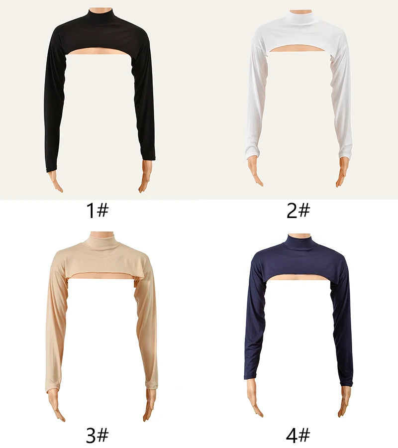 Vier Varianten von elastischen Jersey-Shrugs mit Langarm-Oberteil auf einem Mannequin: schwarz, weiß, beige und dunkelblau.
