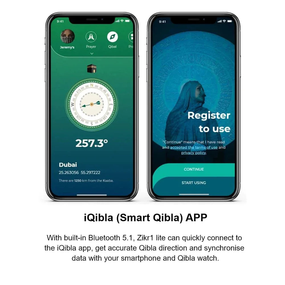 Smartphone-Bildschirm mit der iQibla App-Oberfläche, Kompass und Richtungsangaben.