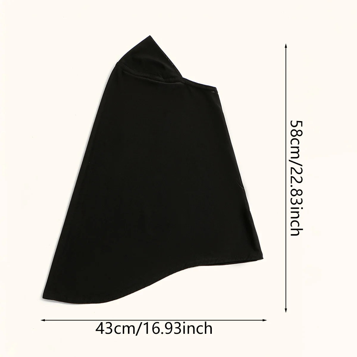 Schwarzer sofortiger Baumwoll-Modal-Hijab-Turban, Flachaufnahme mit Maßen 43x58 cm.