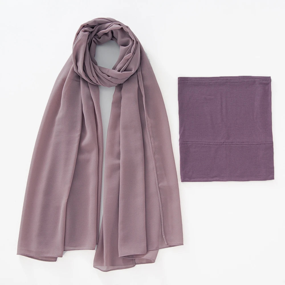A mauve chiffon hijab and underscarf set displayed flat.