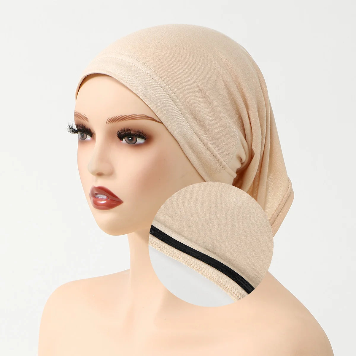 Turban hijab cap beige instant stretch displayed on a mannequin head.