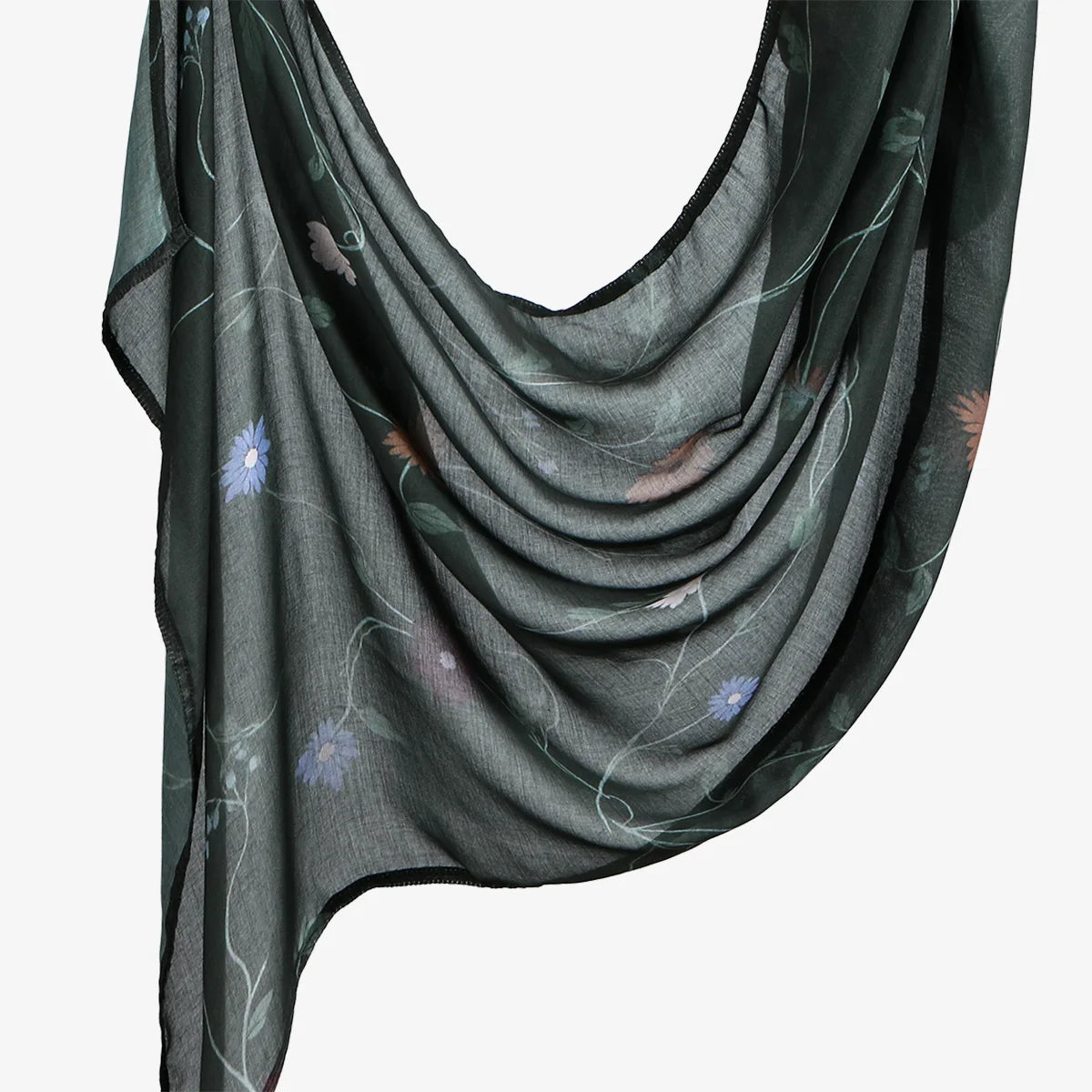 Foulard hijab en tissu transparent gris foncé avec broderie florale discrète