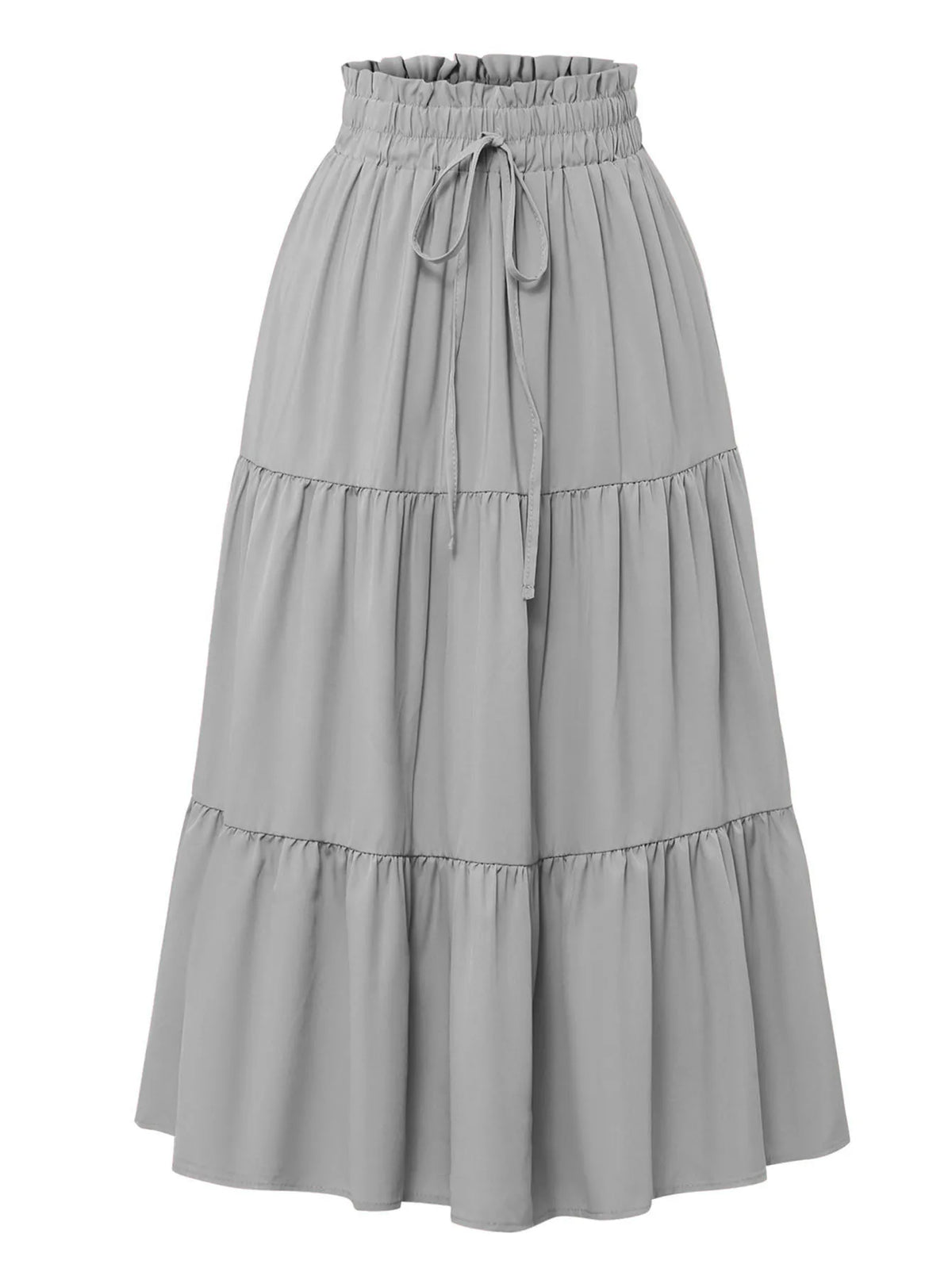 Una falda midi A-line bohemia gris claro con cintura fruncida y volante escalonado.