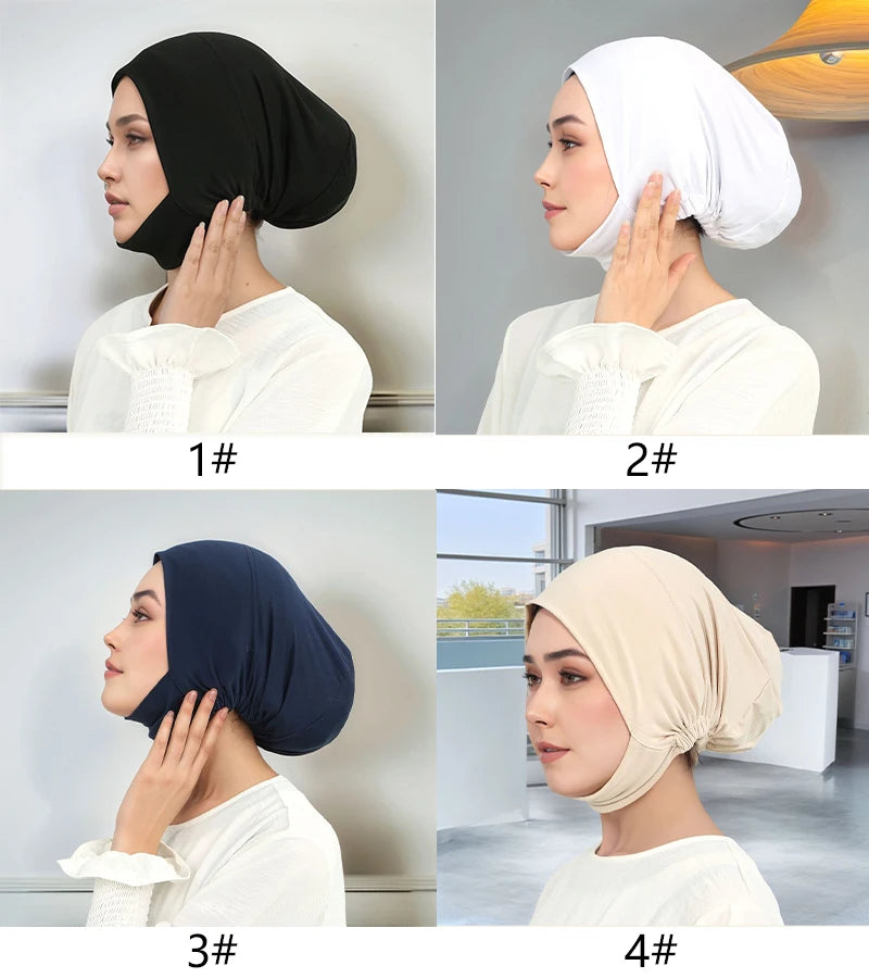 Vier Varianten von weichem Baumwoll-Seiden-Inneren-Hijab-Caps in Profilansicht.