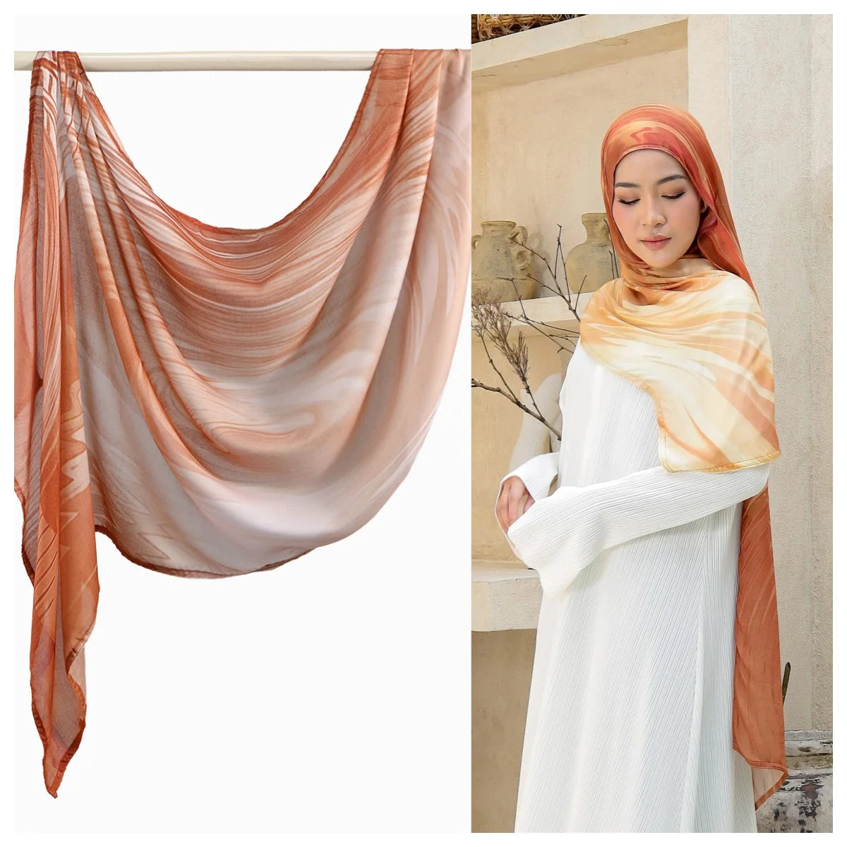 Eine Frau trägt einen Pfirsich- und Cremewarn-Watercolor-Ombré-gedruckten Rayon-Modal-Hijabschal über ihrem weißen Kleid.