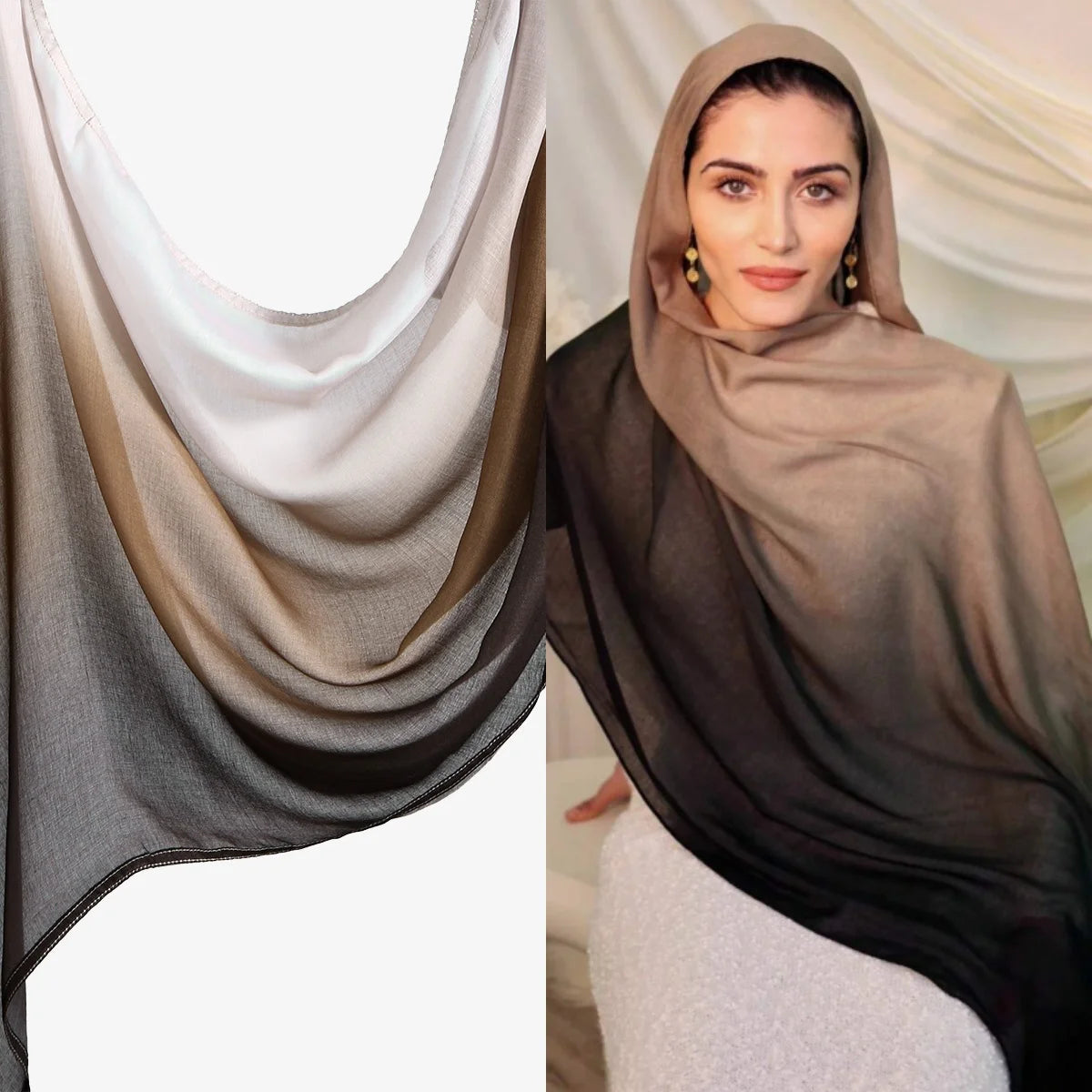Eine Frau trägt einen dunkelbraunen Aquarelldruck-Baumwoll-Modal-Hijabschal über Kopf und Schultern.