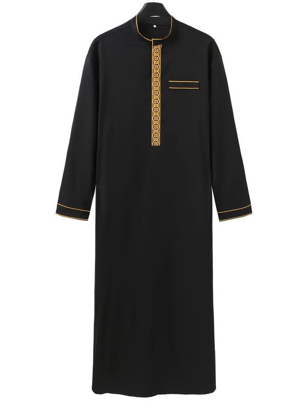 Black embroidered men's long sleeve Arabian thobe with gold trim and chest detail