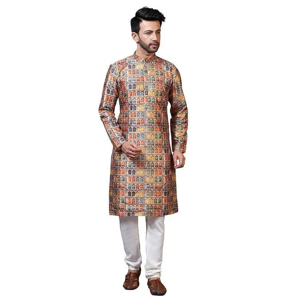 A man wearing a patterned, long-sleeved ethnic abaya robe.