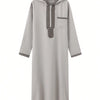 A light gray men's thobe jellaba featuring intricate black embroidery on the placket and cuffs.