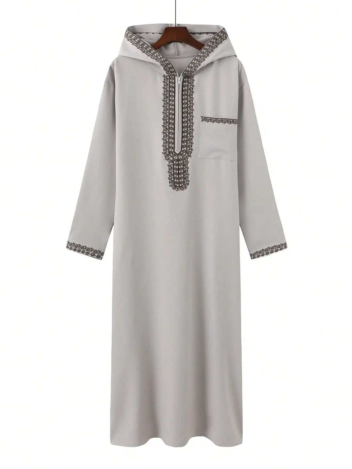A light gray men's thobe jellaba featuring intricate black embroidery on the placket and cuffs.