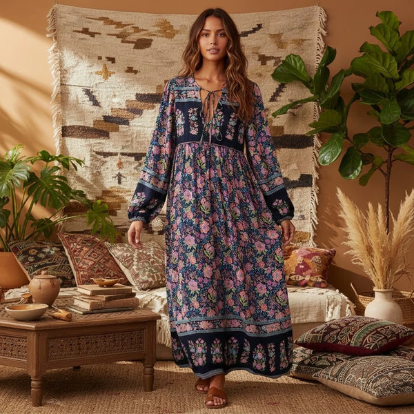 A woman models a long floral maxi dress with lantern sleeves in blue and purple tones against a rustic indoor setting.