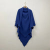 A royal blue two-layer everyday hijab scarf draped on a wooden hanger against a light wall.