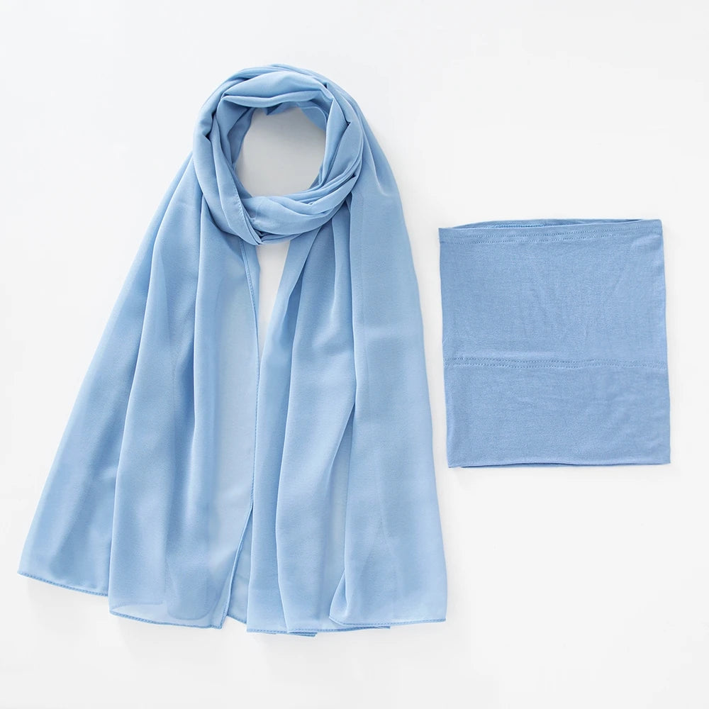 Light blue chiffon hijab and underscarf set displayed flat