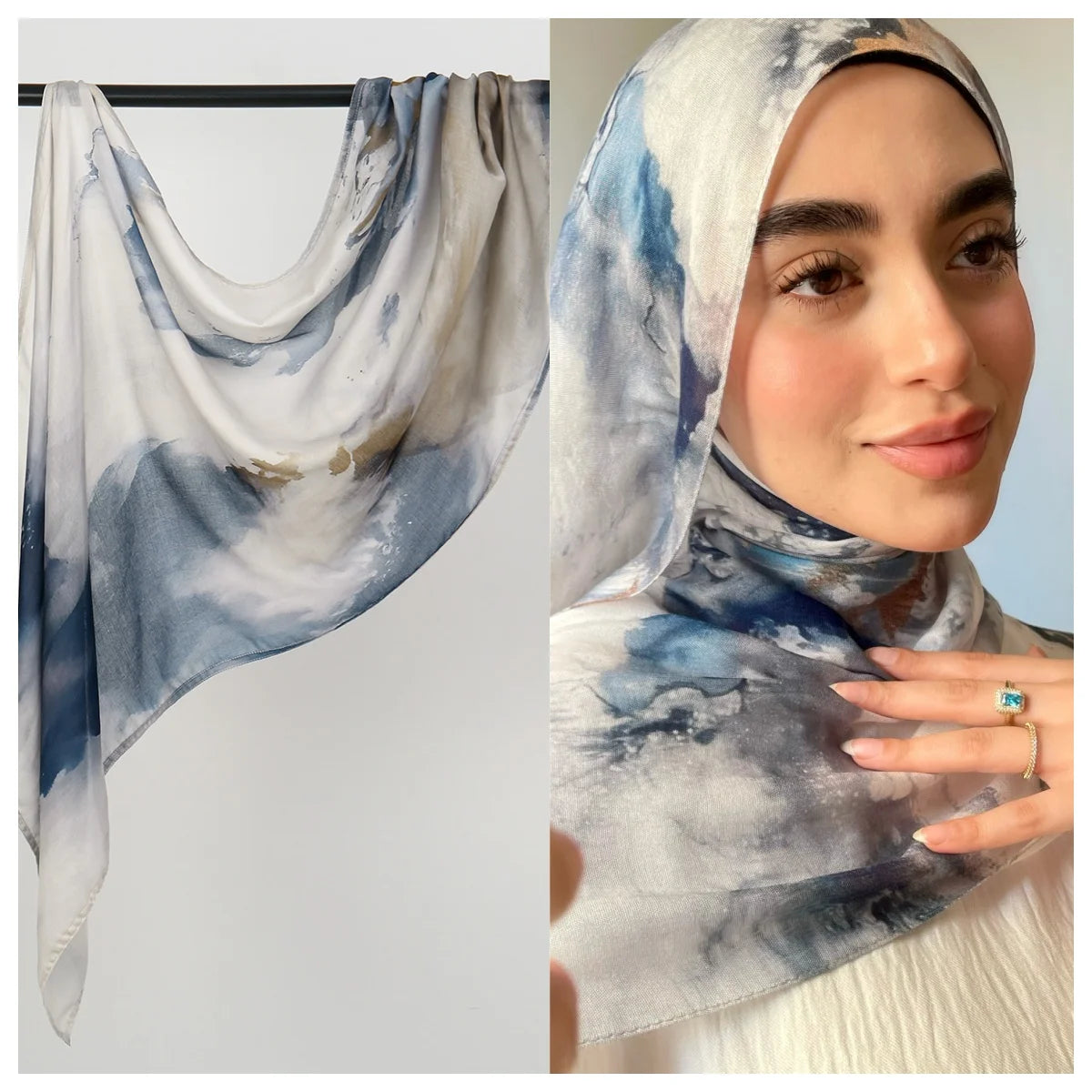 Eine Frau trägt einen mit blau-grauen Tönen bedruckten Rayon-Modal-Hijab-Schal im Aquarell-Ombré.