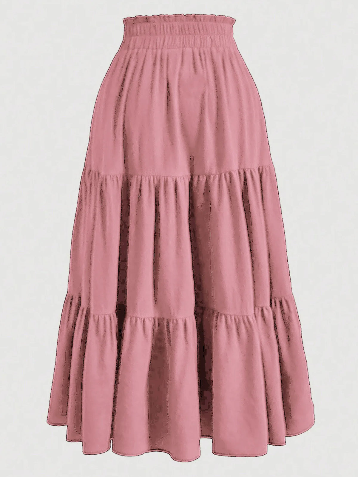 Falda midi a la moda bohemia color rosa empolvado con capas fruncidas.
