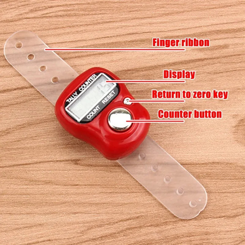 A red mini digital finger counter with a display and buttons is shown next to its finger ribbon.