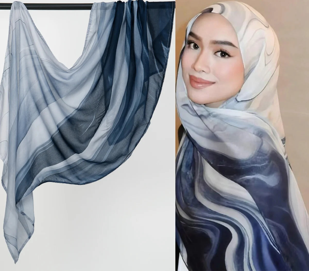 Eine Frau trägt einen aus Aquarell-Ombré gedruckten Rayon-Modal-Hijab-Schal mit blauen und grauen Wirbeln.