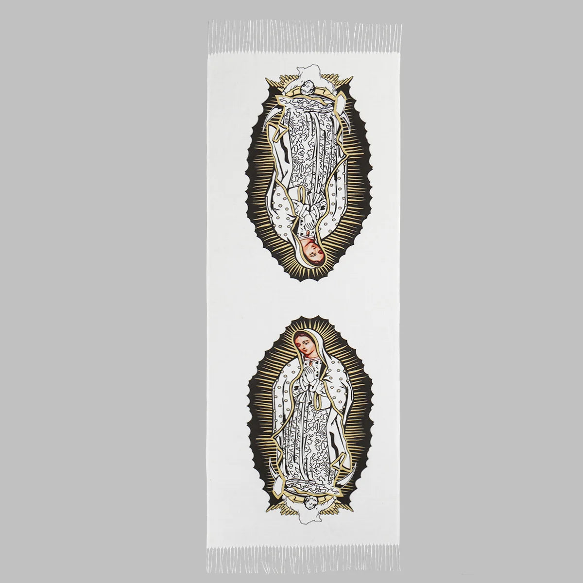 Pañuelo blanco vertical con imagen impresa personalizada de la Virgen María de Guadalupe.