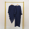 A navy blue elegant two-piece abaya and khimar set displayed on a gold hanger against a light background.