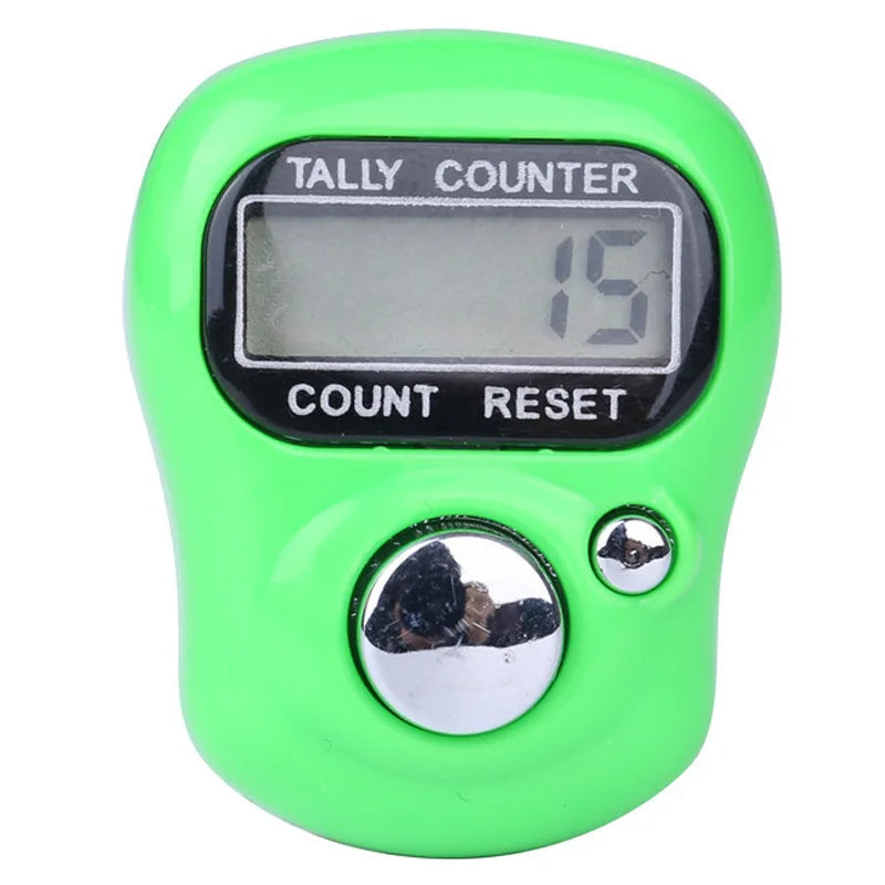 A bright green mini digital tally counter device with a display showing 15 and count reset buttons.