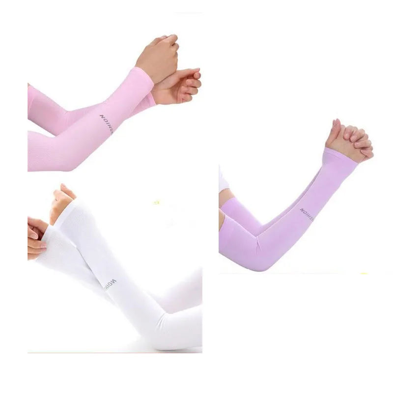 Three views of pink, white, and purple cooling UV protection arm sleeves being worn on an arm.