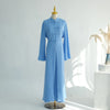 A light blue, long-sleeved modest dress displayed on a mannequin.