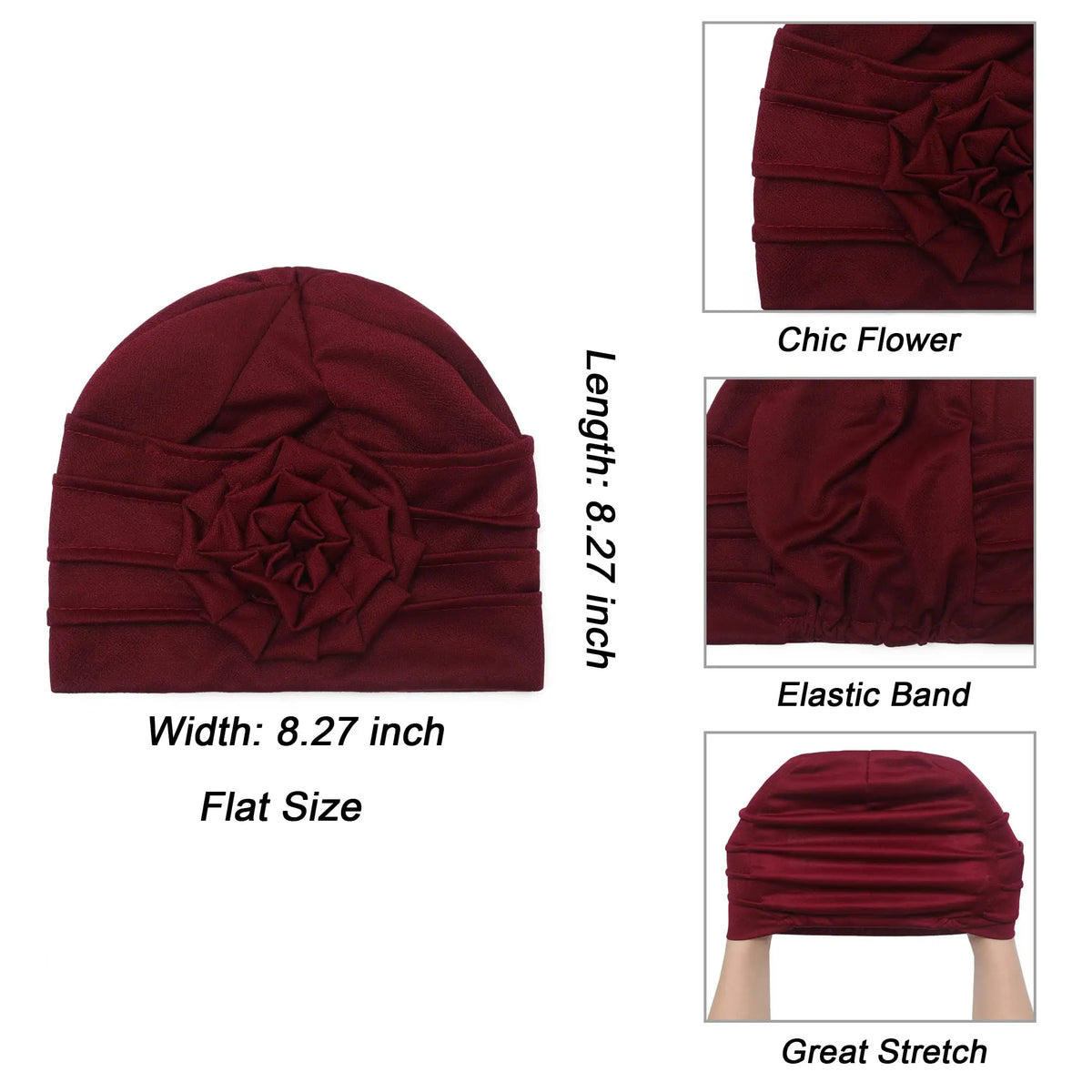 Marooner roter floral bestickter Hijab-Turban-Cap in verschiedenen Stilen wie Feder, Gummiband und Streifen