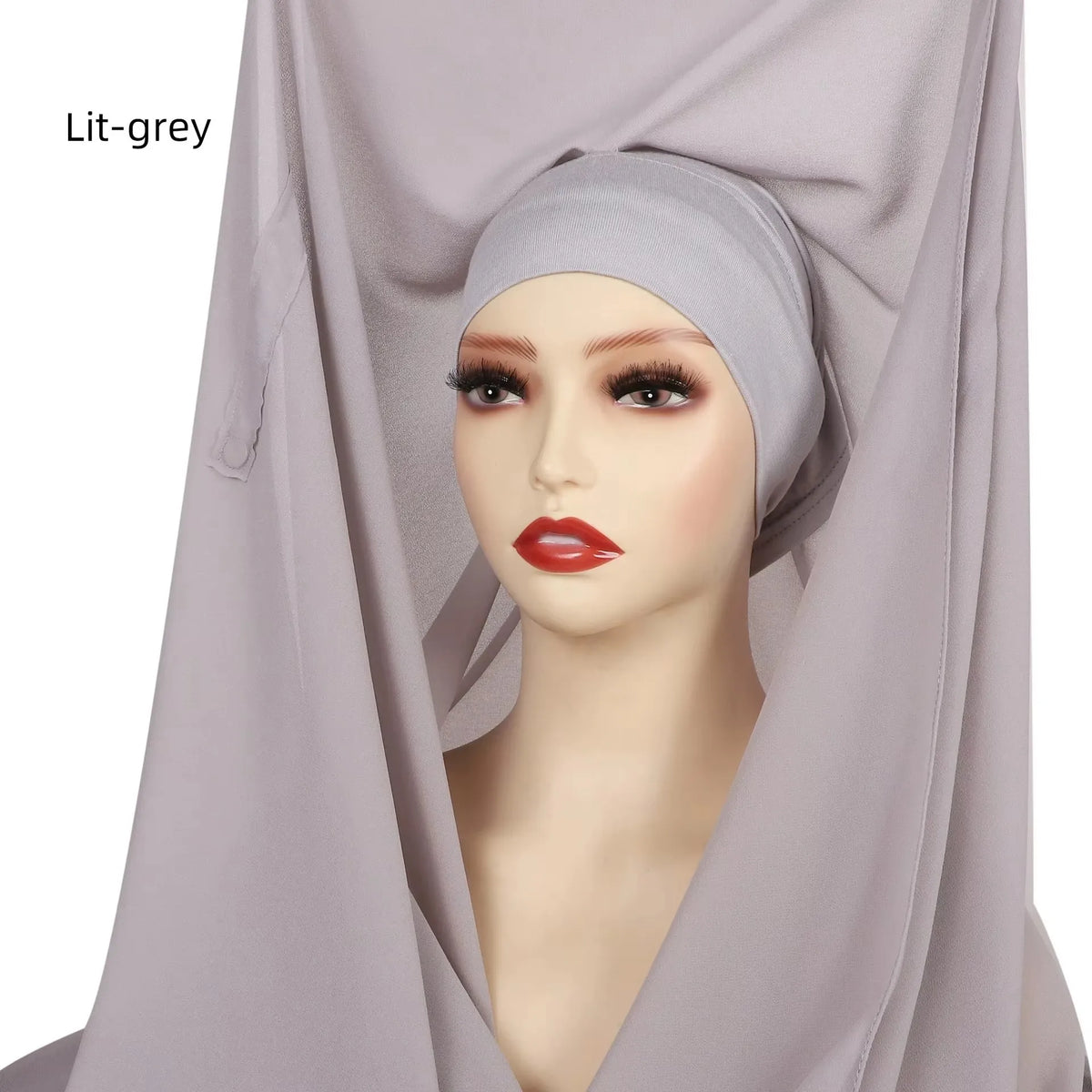 Model wearing a lilac-grey chiffon hijab with a magnetic buckle