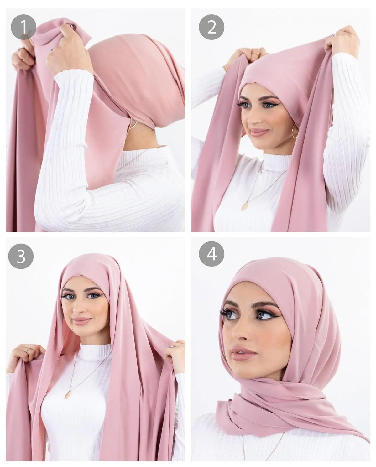 Femme portant un instant hijab de mousseline rose avec des manches longues blanches et un haut blanc.