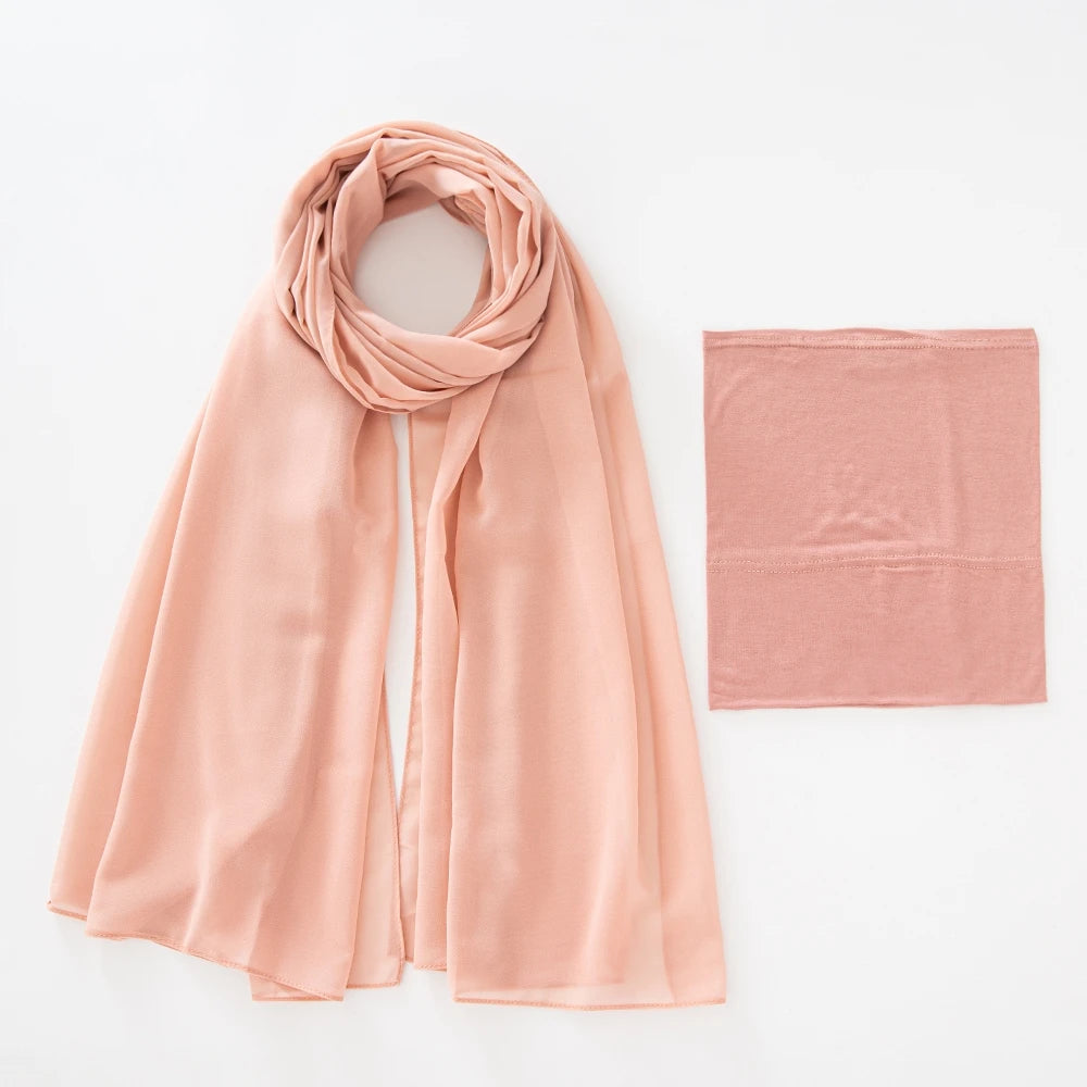 A flowing dusty rose chiffon hijab and underscarf set displayed flat.