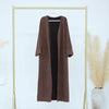A brown elegant women's abaya trench coat displayed on a gold hanger against a white background.