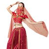 Eine Frau in einem roten traditionellen Outfit und einem durchsichtigen rosa Netz-Hijab für eine Bellydance-Aufführung.
