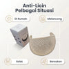 Anti-Licin Pelbagai Situasi hijab crown in beige color shown with usage contexts like at home, Melancong, prayer, and sports.