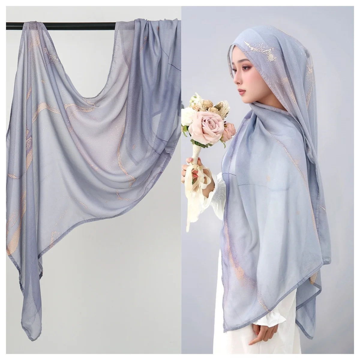 Eine Frau trägt einen hellblauen Aquarell-Ombré-gedruckten Rayon-Modal-Hijabschal über Kopf und Schultern.