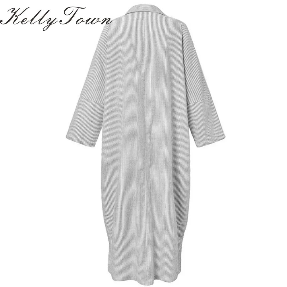 Langes, graues, gestreiftes Baumwoll-Maxi-Kleid von hinten.
