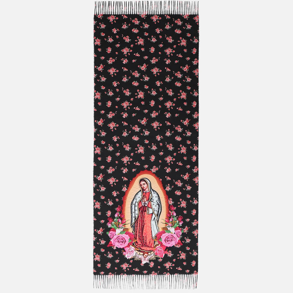 Bufanda negra con estampado floral rosa que presenta una imagen de la Virgen María de Guadalupe.