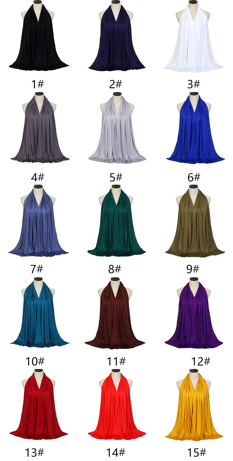 Eine Kollektion von fünfzehn Damen-Hijab-Schals in verschiedenen Blautönen, Grüntönen, Violett und Schwarz.