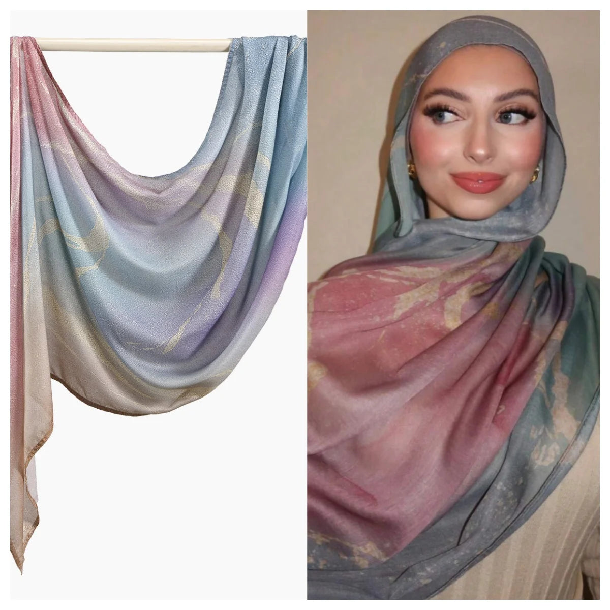 Nahaufnahme einer Frau, die einen Aquarell-Ombré-bedruckten Seiden-Modals-Hijabschal in Rosa-, Lila- und Grautönen trägt.