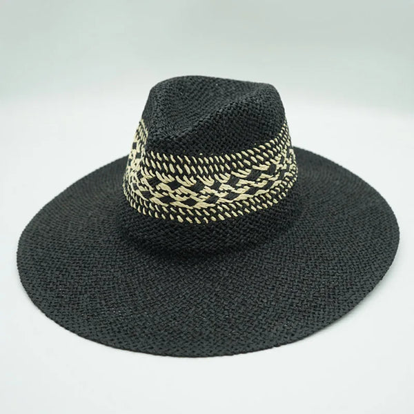 Black straw sun hat with a woven beige and black pattern
