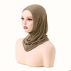 Model wearing a solid olive green instant turban hijab undercap bonnet.