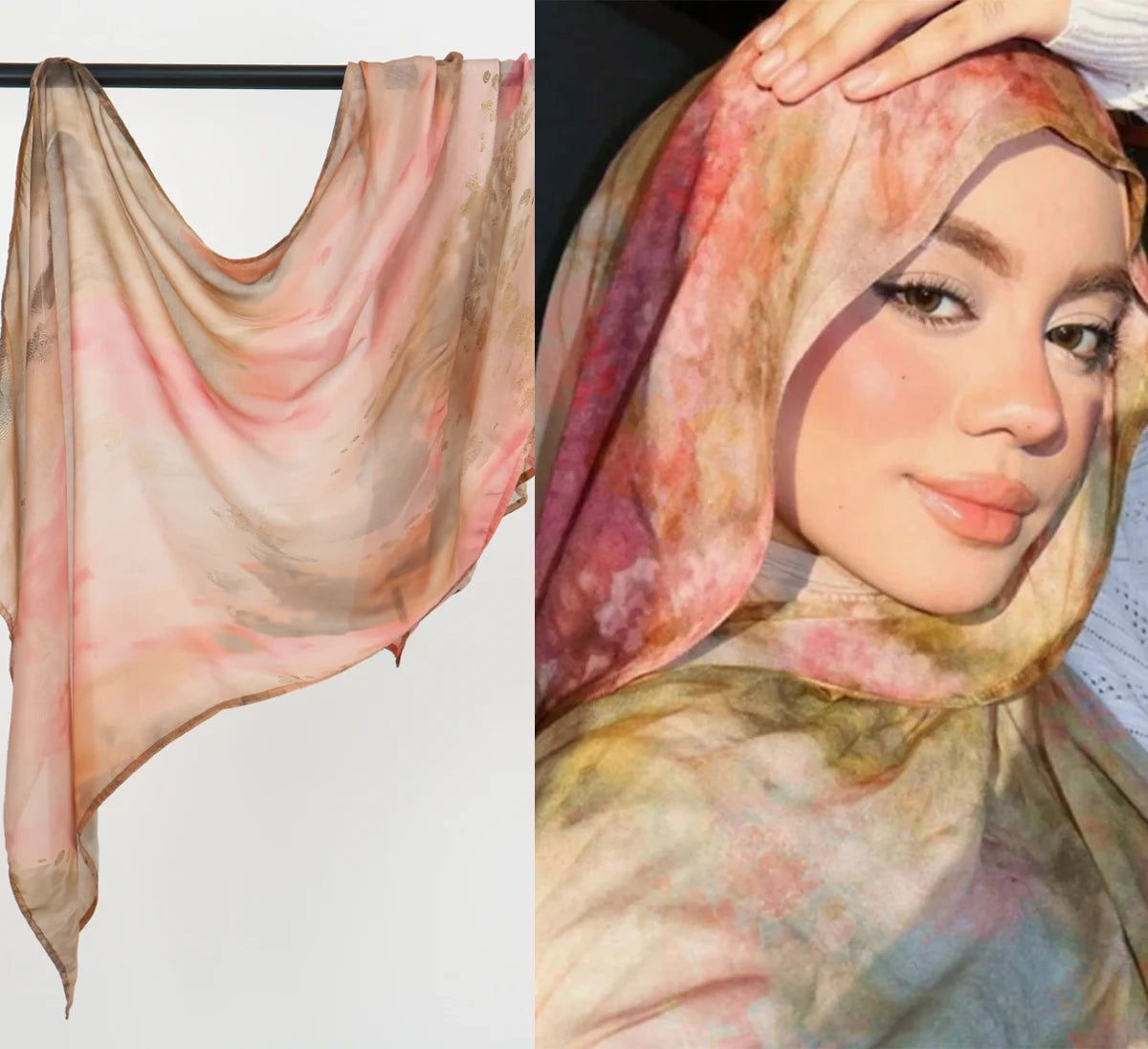 Nahaufnahme einer Frau mit einem Aquarell-Ombré-printierten Rayon-Modal-Hijab-Schal in rosa und beige.