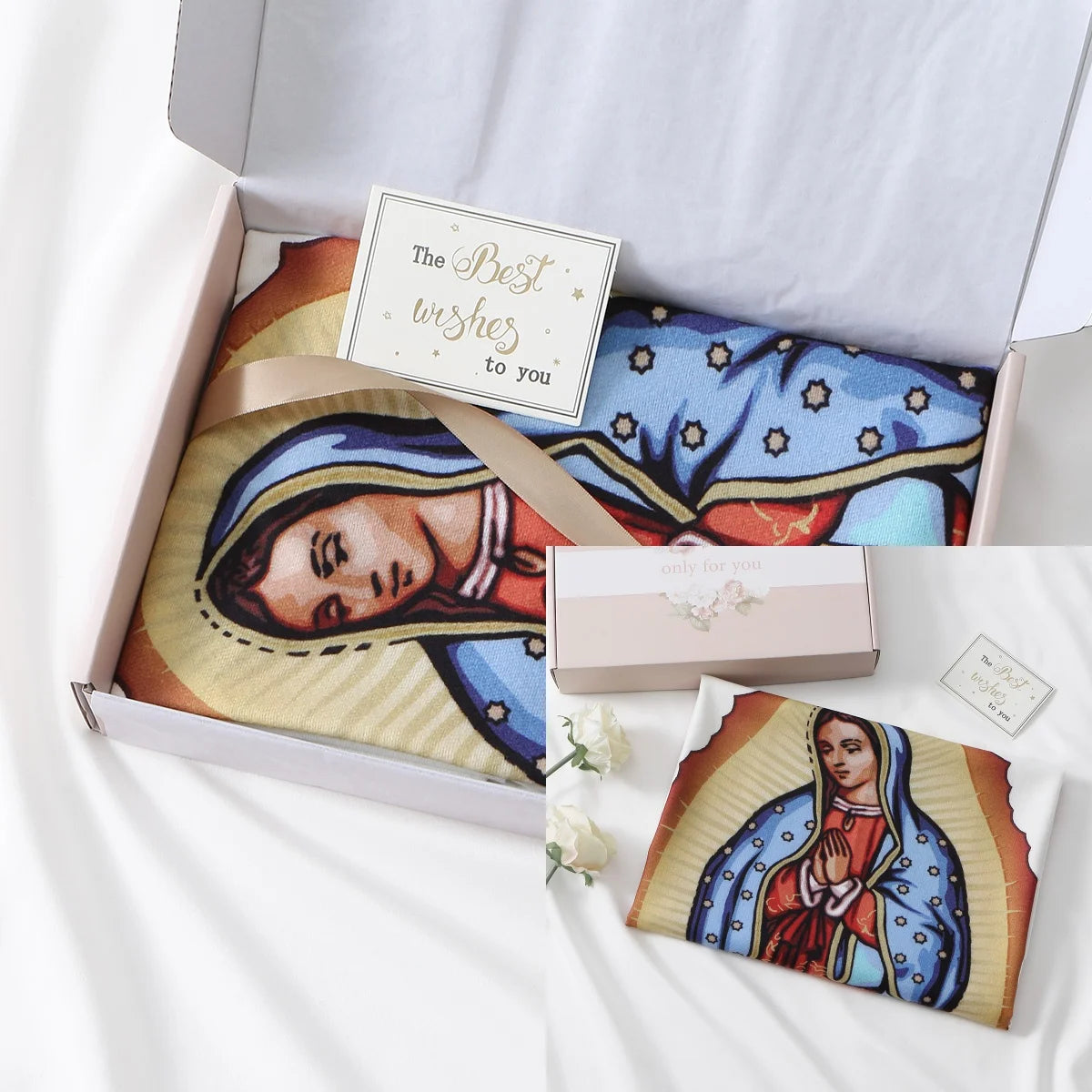 Una bufanda impresa personalizada con el diseño de la Virgen de Guadalupe, exhibida en una caja de regalo.