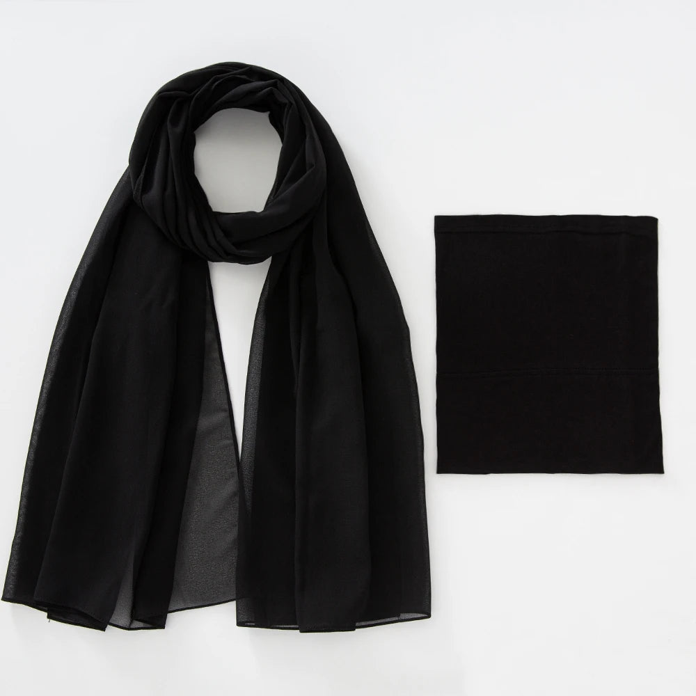 Black chiffon hijab and undercap set displayed flat